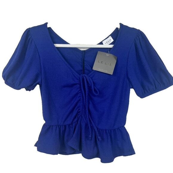 NWT Le Lis Top Square Neck Puff Sleeves Blue Boho Ribbed Soft Size Small - Picture 1 of 5